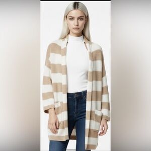 SISTERS Cardigan Sweater Chunky Stripe Shawl Open Tunic Tan White
